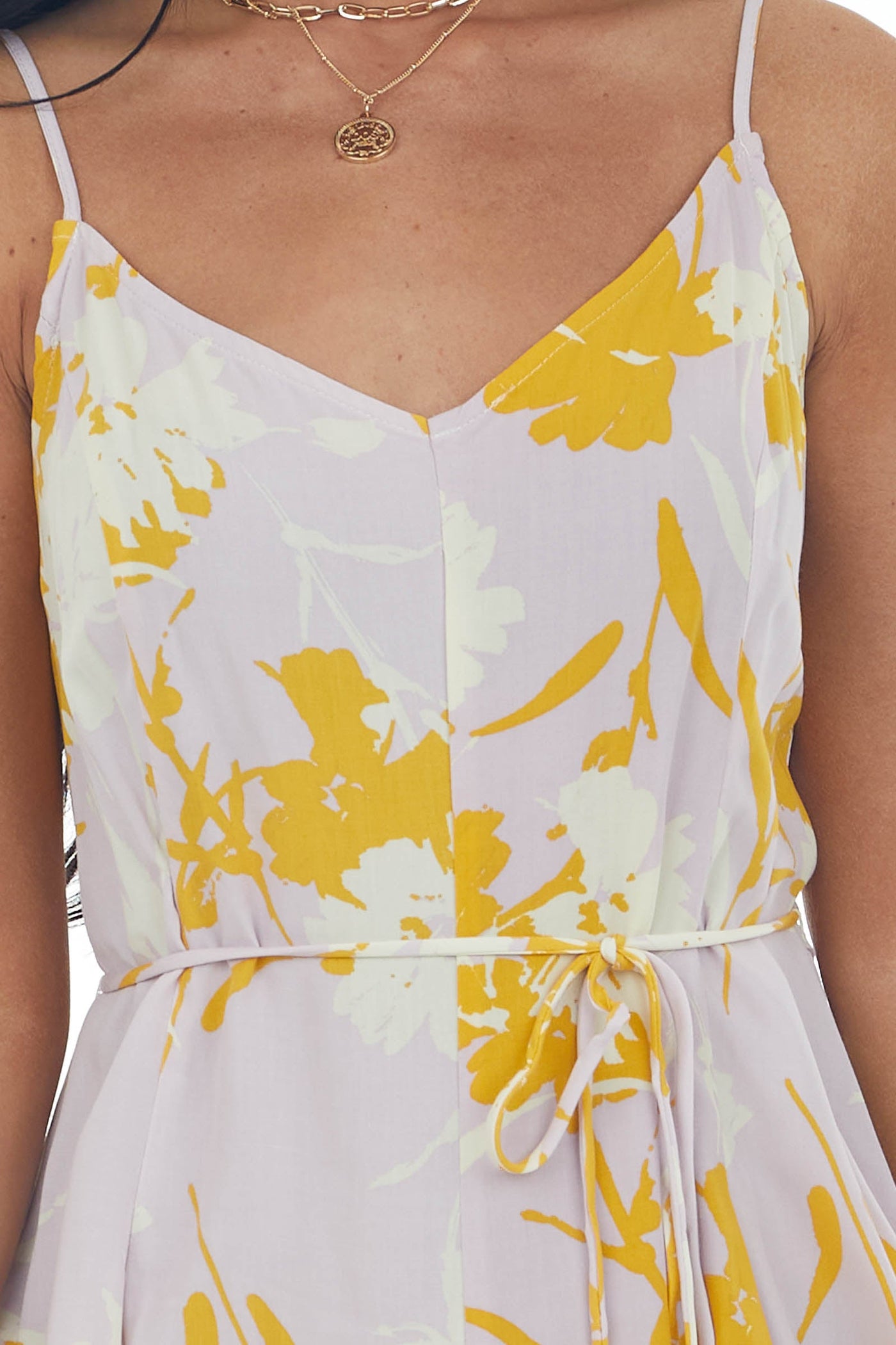 Light Iris Floral Waist Tie V Neck Mini Dress