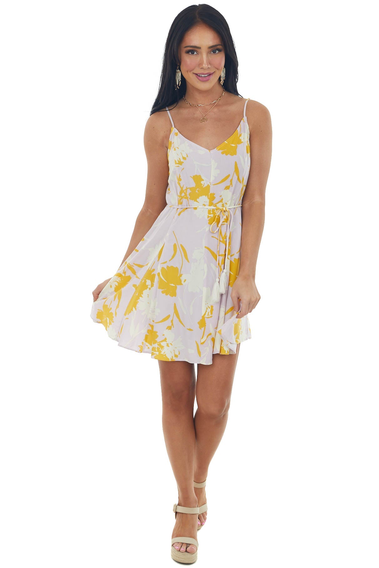Light Iris Floral Waist Tie V Neck Mini Dress