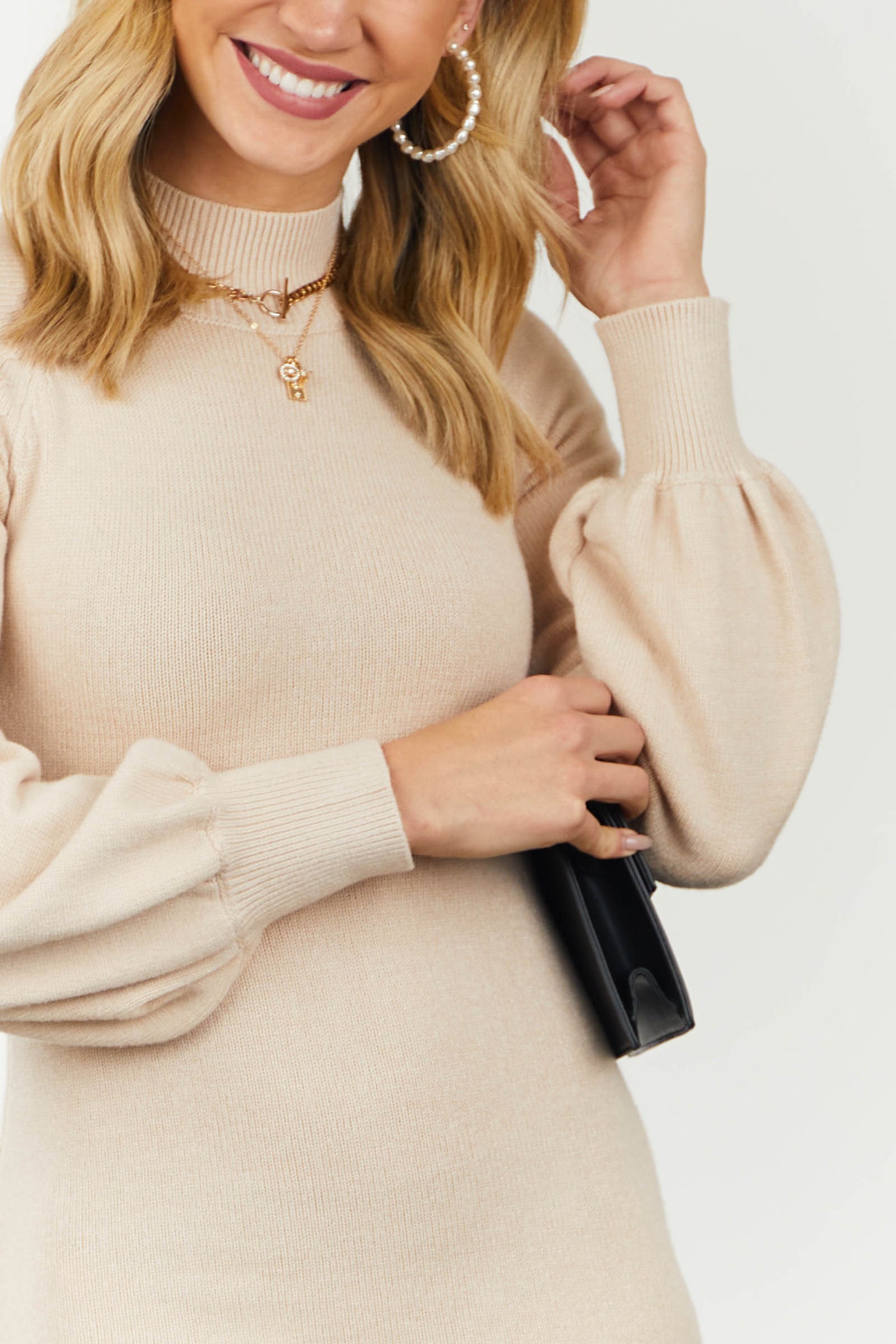 Light Latte Soft Balloon Sleeve Sweater Dress