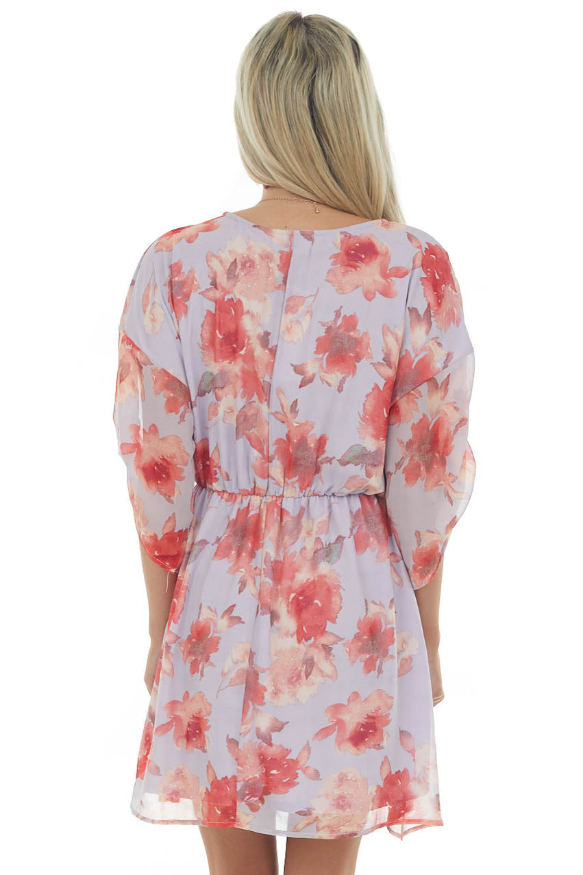 Light Lavender Floral Print V neck Short Dress