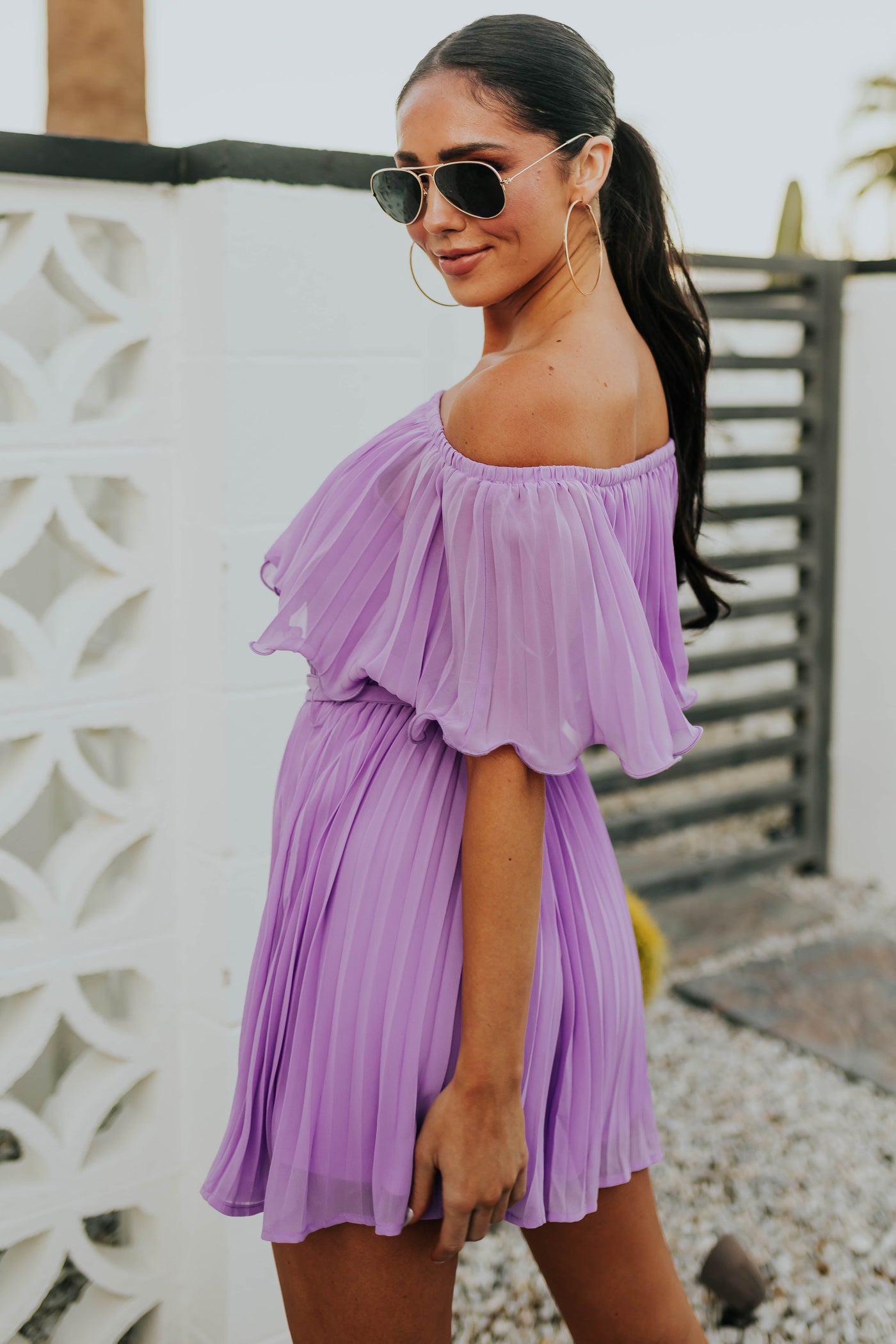 Light Lilac Ruffled Off Shoulder Pleated Romper