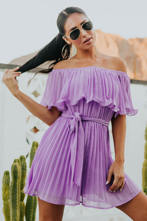 Light Lilac Ruffled Off Shoulder Pleated Romper