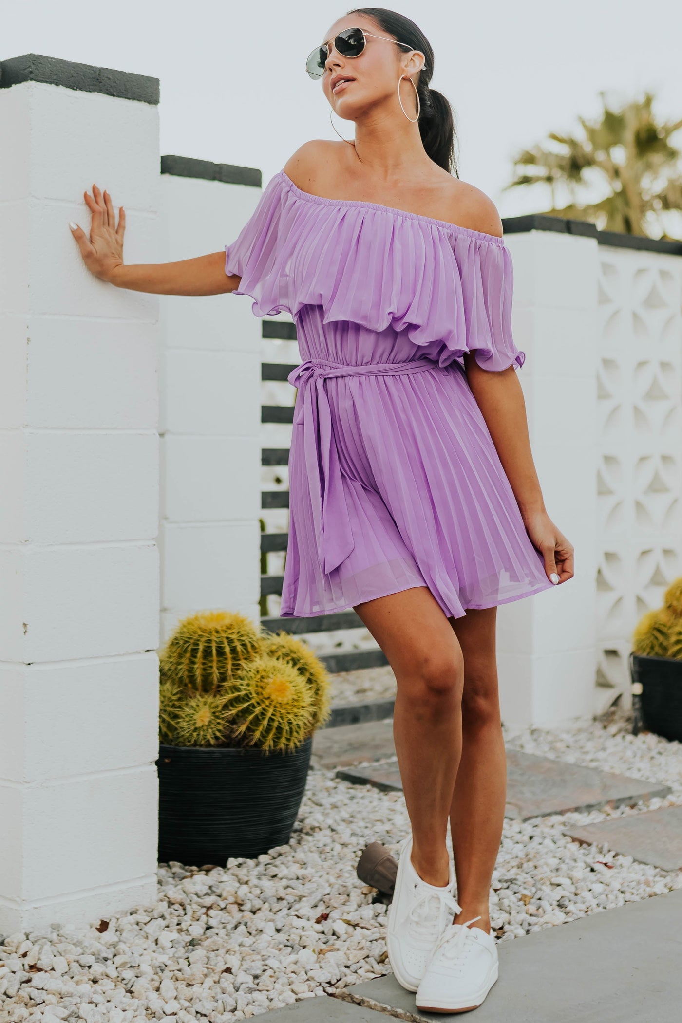 Light Lilac Ruffled Off Shoulder Pleated Romper