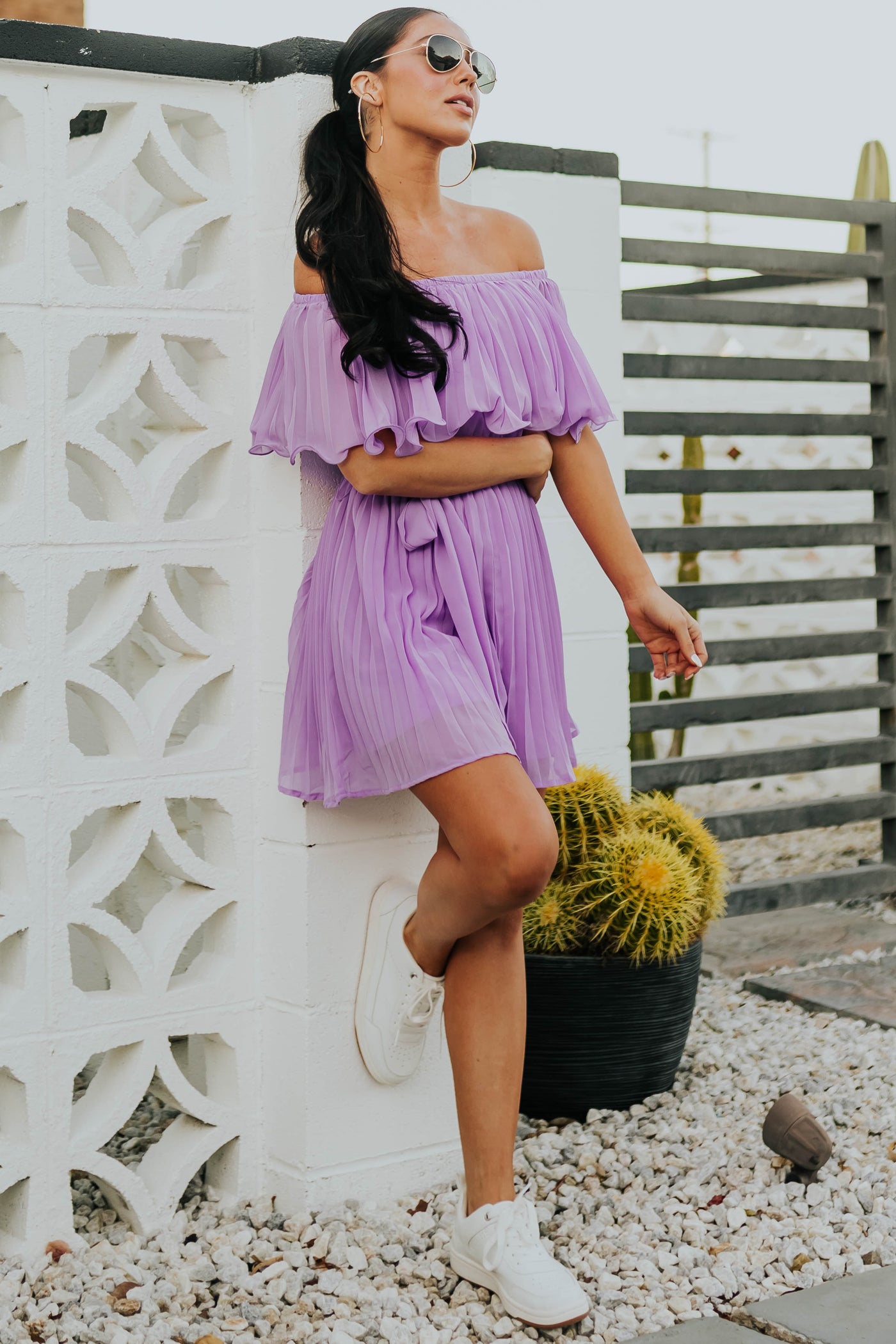 Light Lilac Ruffled Off Shoulder Pleated Romper