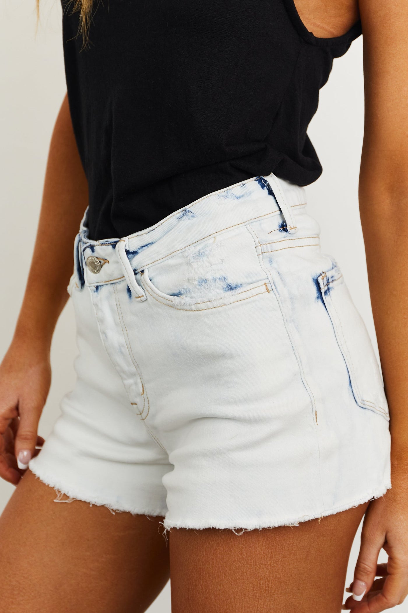 Light Mineral Washed Raw Hem High Rise Shorts