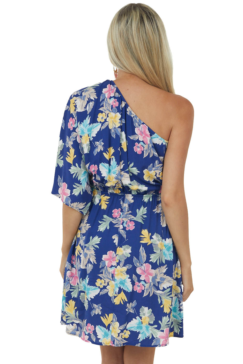 Light Navy Floral Print One Shoulder Short Dress