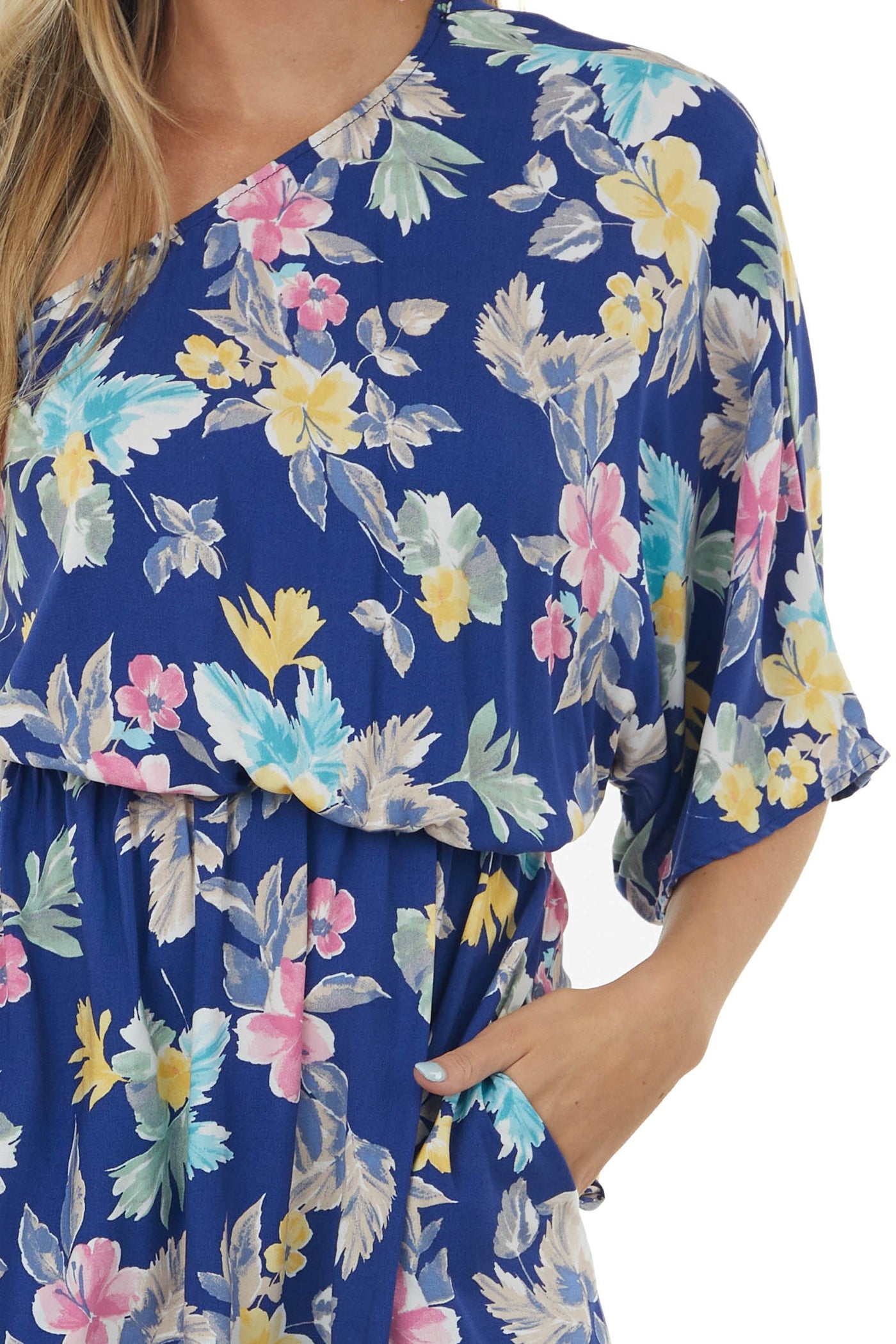 Light Navy Floral Print One Shoulder Short Dress