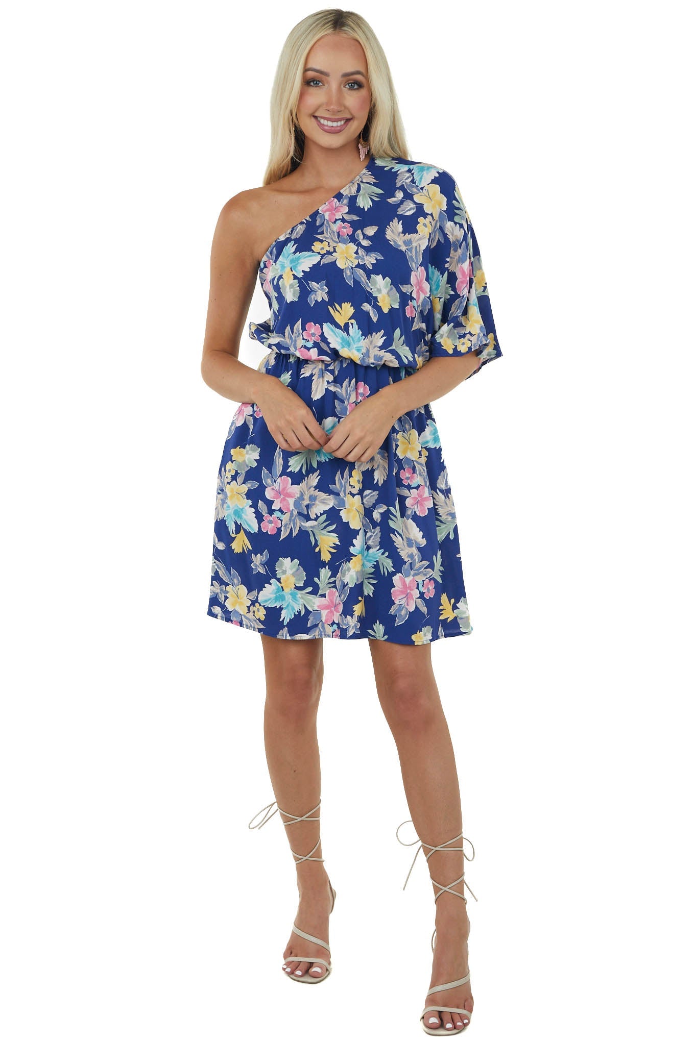 Light Navy Floral Print One Shoulder Short Dress