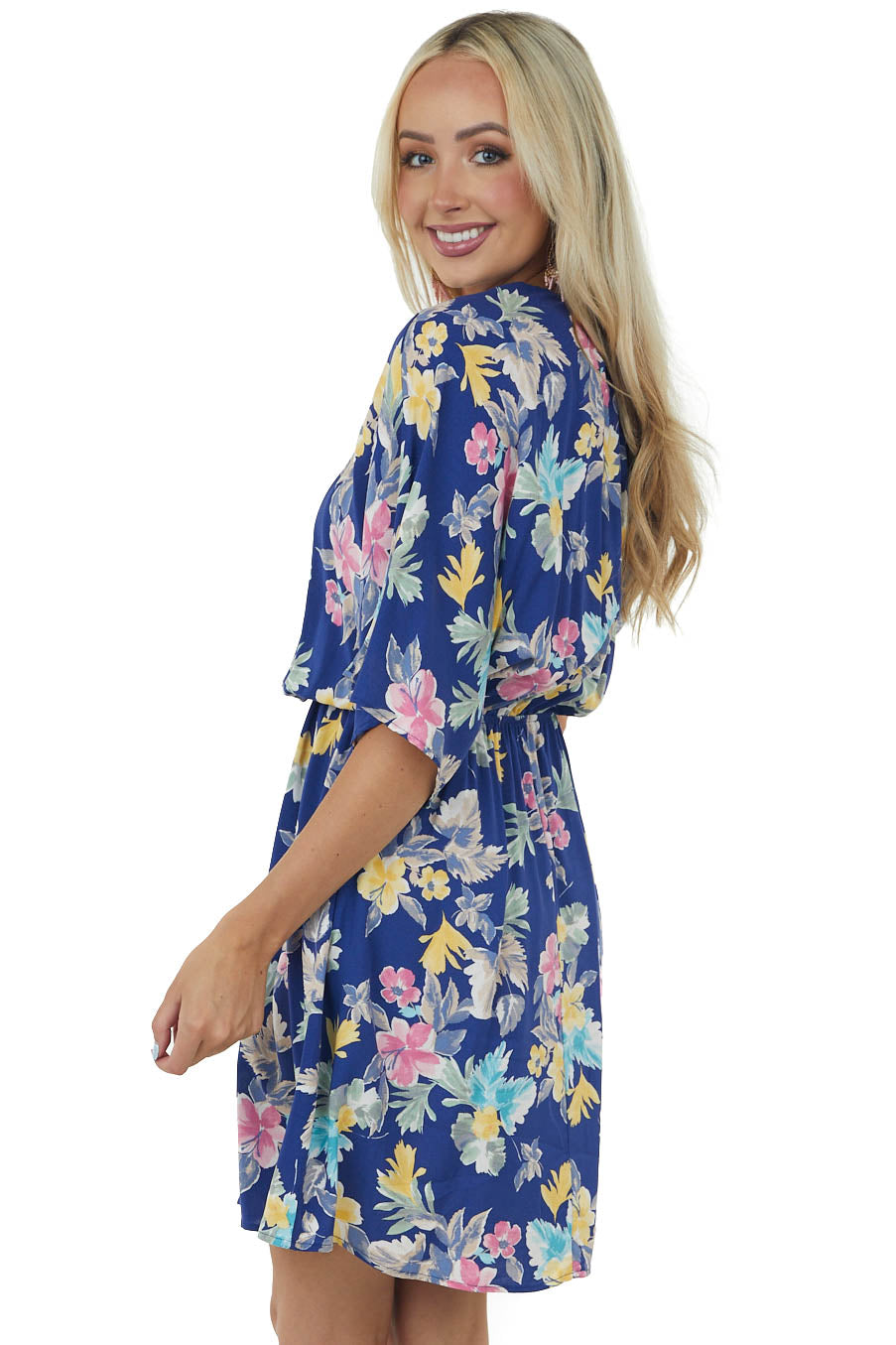Light Navy Floral Print One Shoulder Short Dress