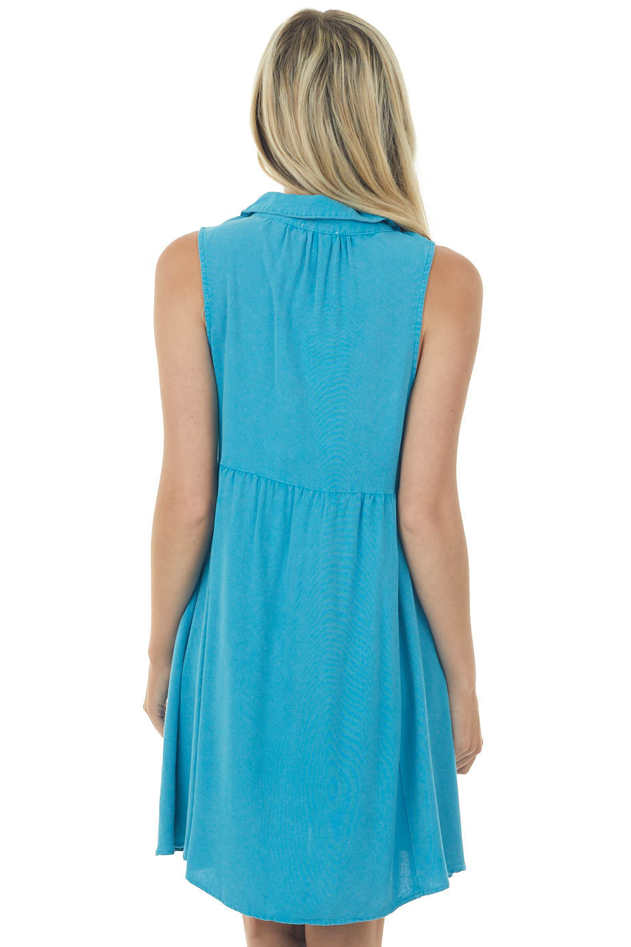 Light Ocean Sleeveless Button Up Tiered Short Dress