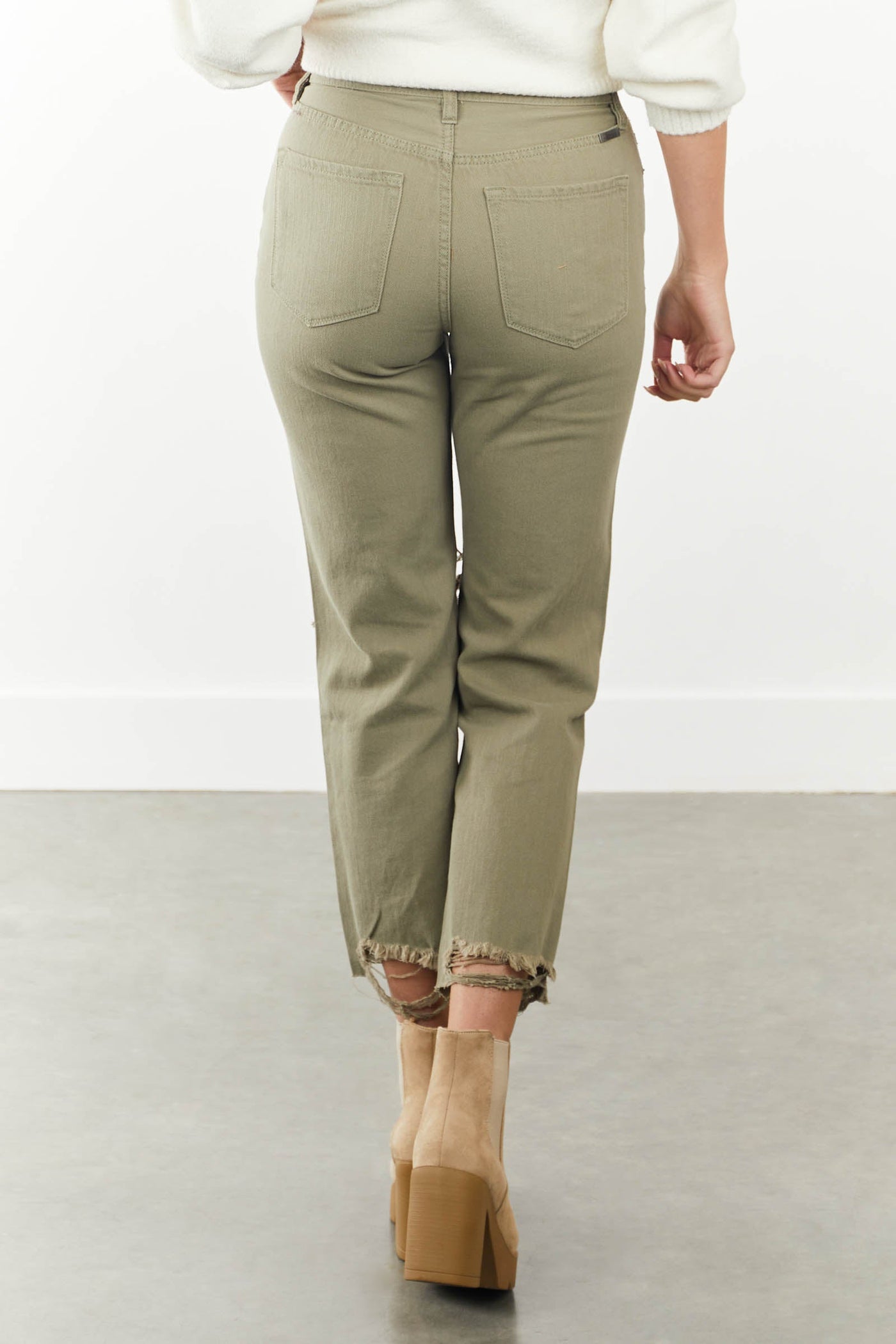 Light Olive Distressed Knee Boyfriend Jeans