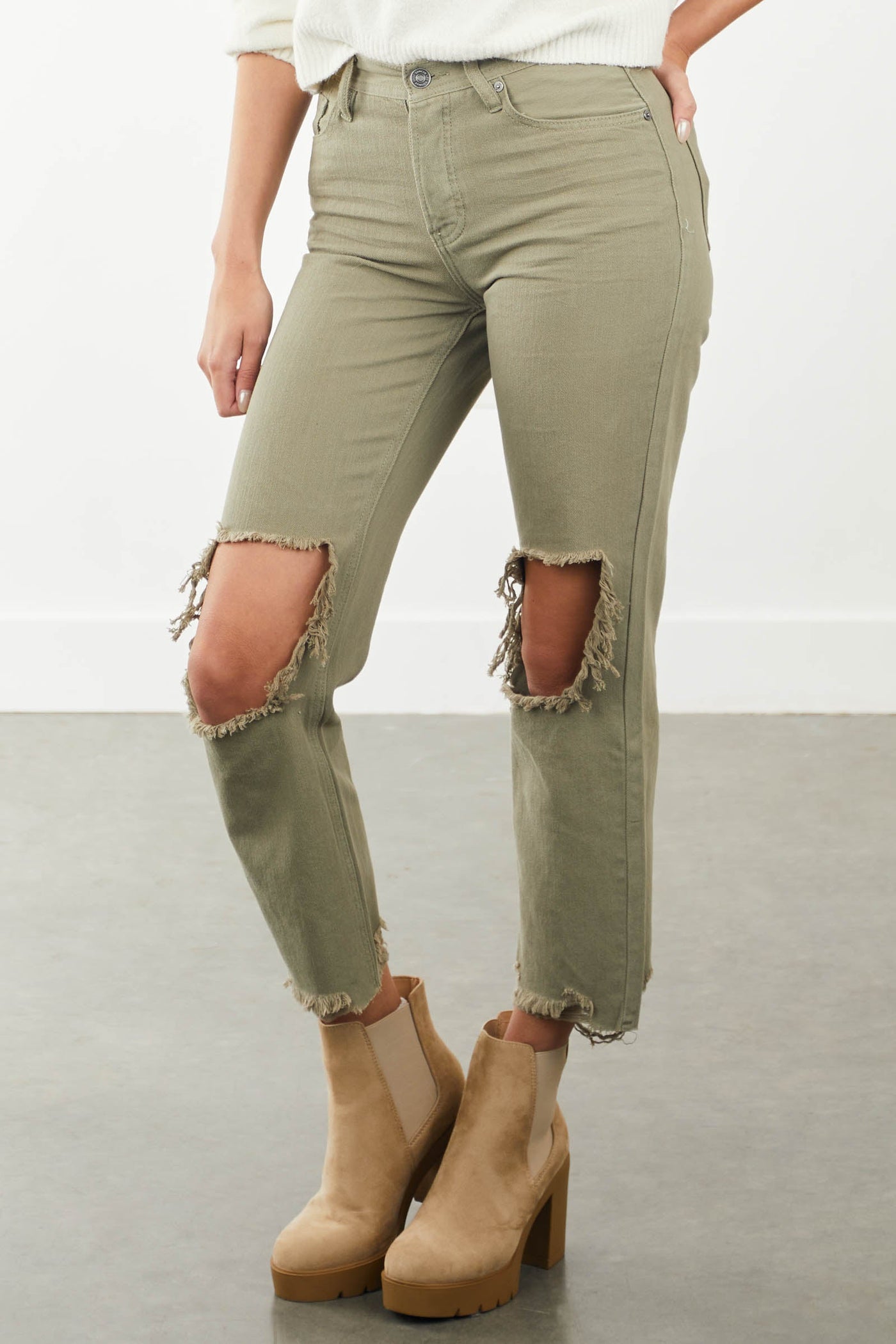 Light Olive Distressed Knee Boyfriend Jeans