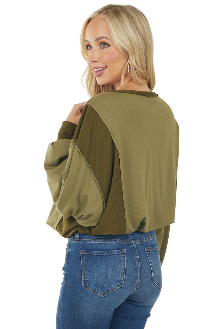 Light Olive Ribbed Contrast Long Sleeve Knit Top