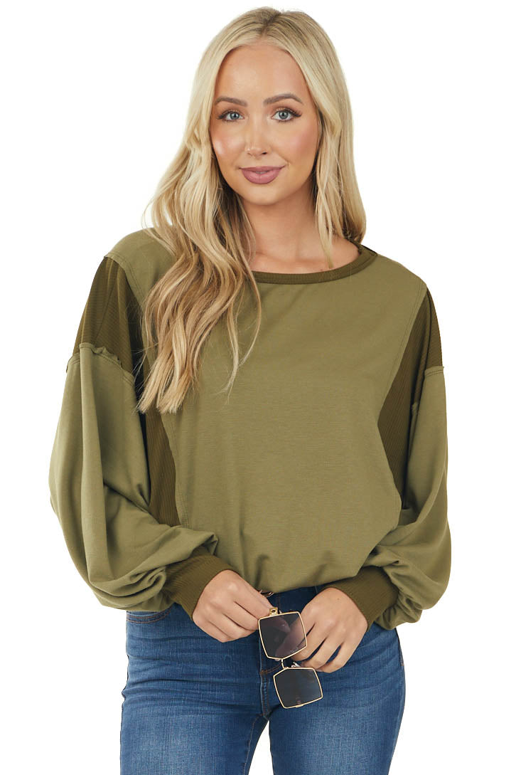 Light Olive Ribbed Contrast Long Sleeve Knit Top