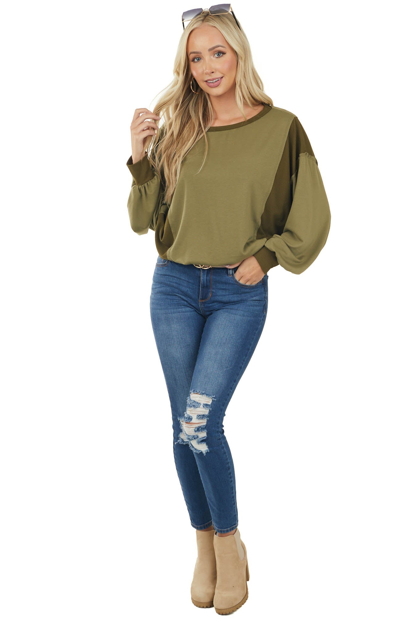 Light Olive Ribbed Contrast Long Sleeve Knit Top