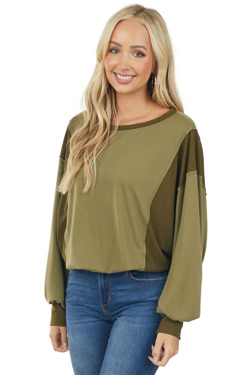 Light Olive Ribbed Contrast Long Sleeve Knit Top