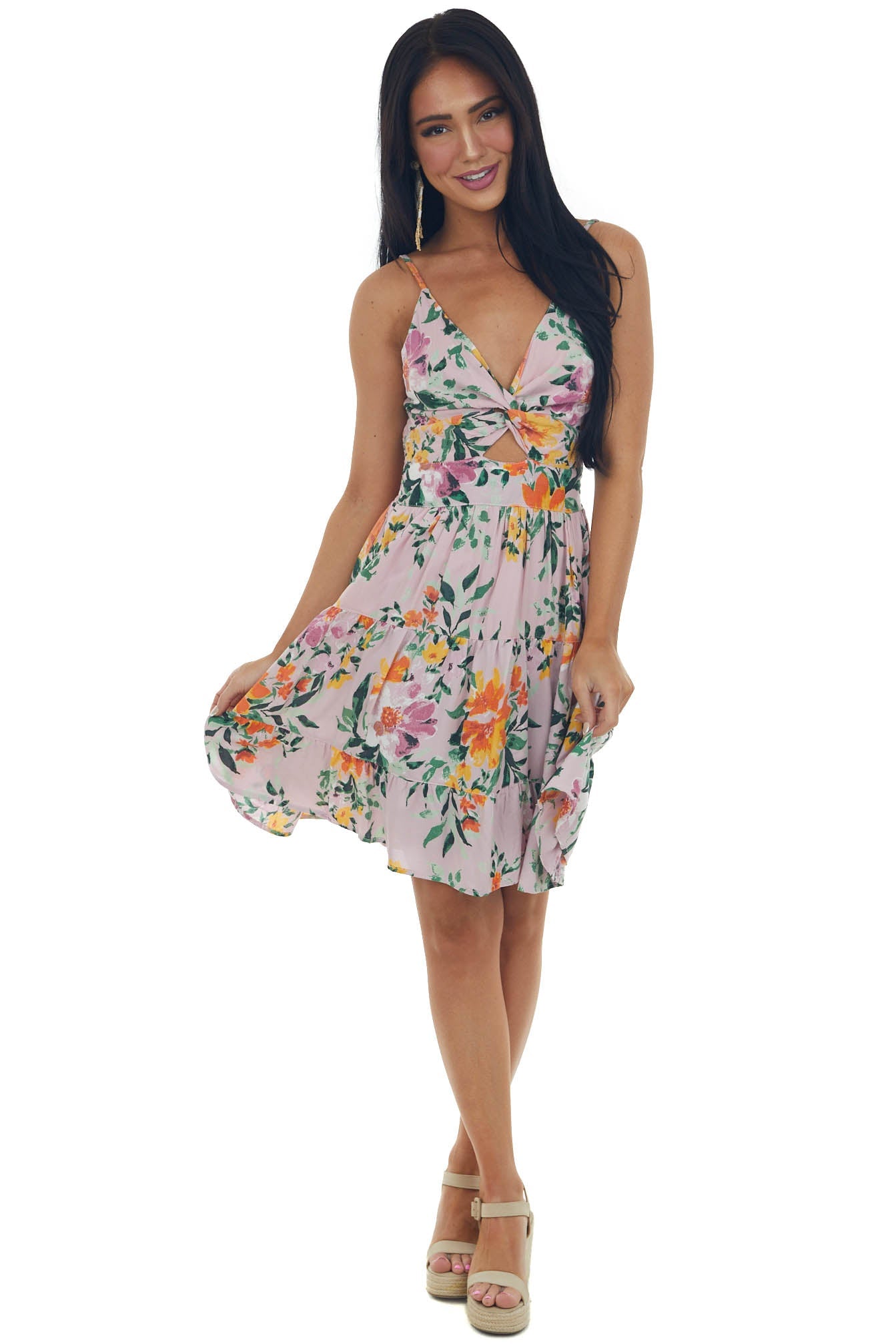 Light Orchid Floral Spaghetti Strap Knot Dress