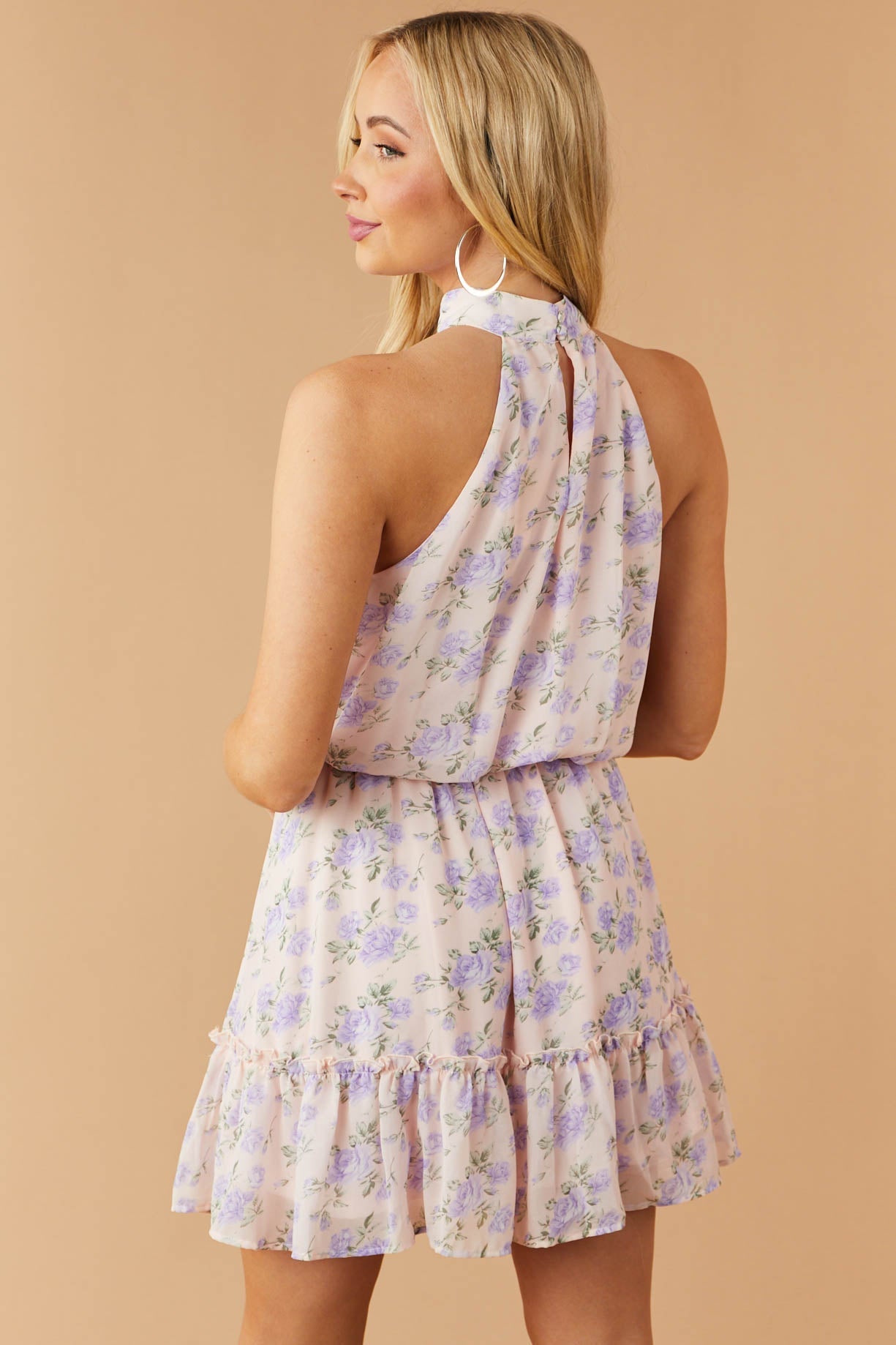 Light Peach Floral Halter Neck Blouson Dress