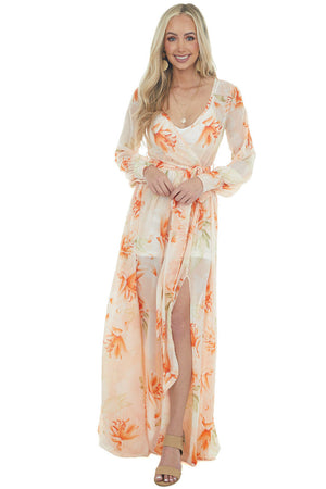 Light Peach Floral Print Long Sleeve Sheer Woven Maxi Dress