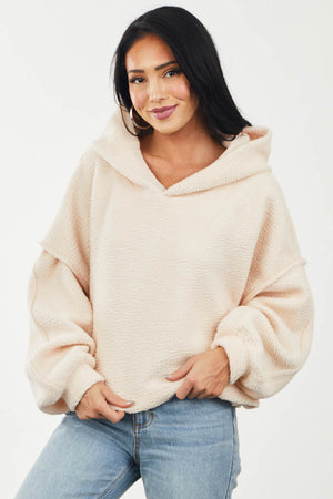 Light Peach Long Sleeve Hooded Sherpa Jacket