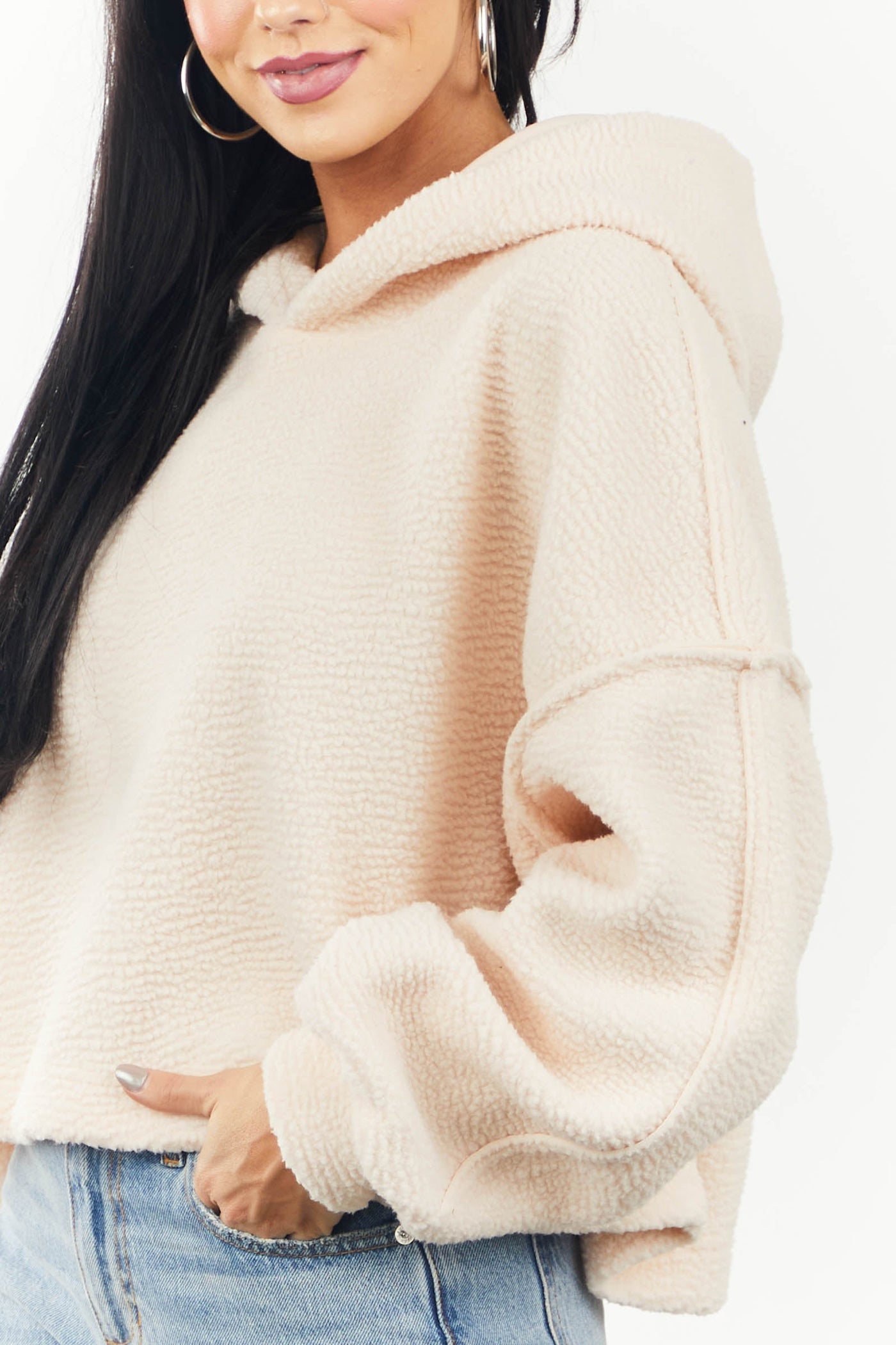 Light Peach Long Sleeve Hooded Sherpa Jacket