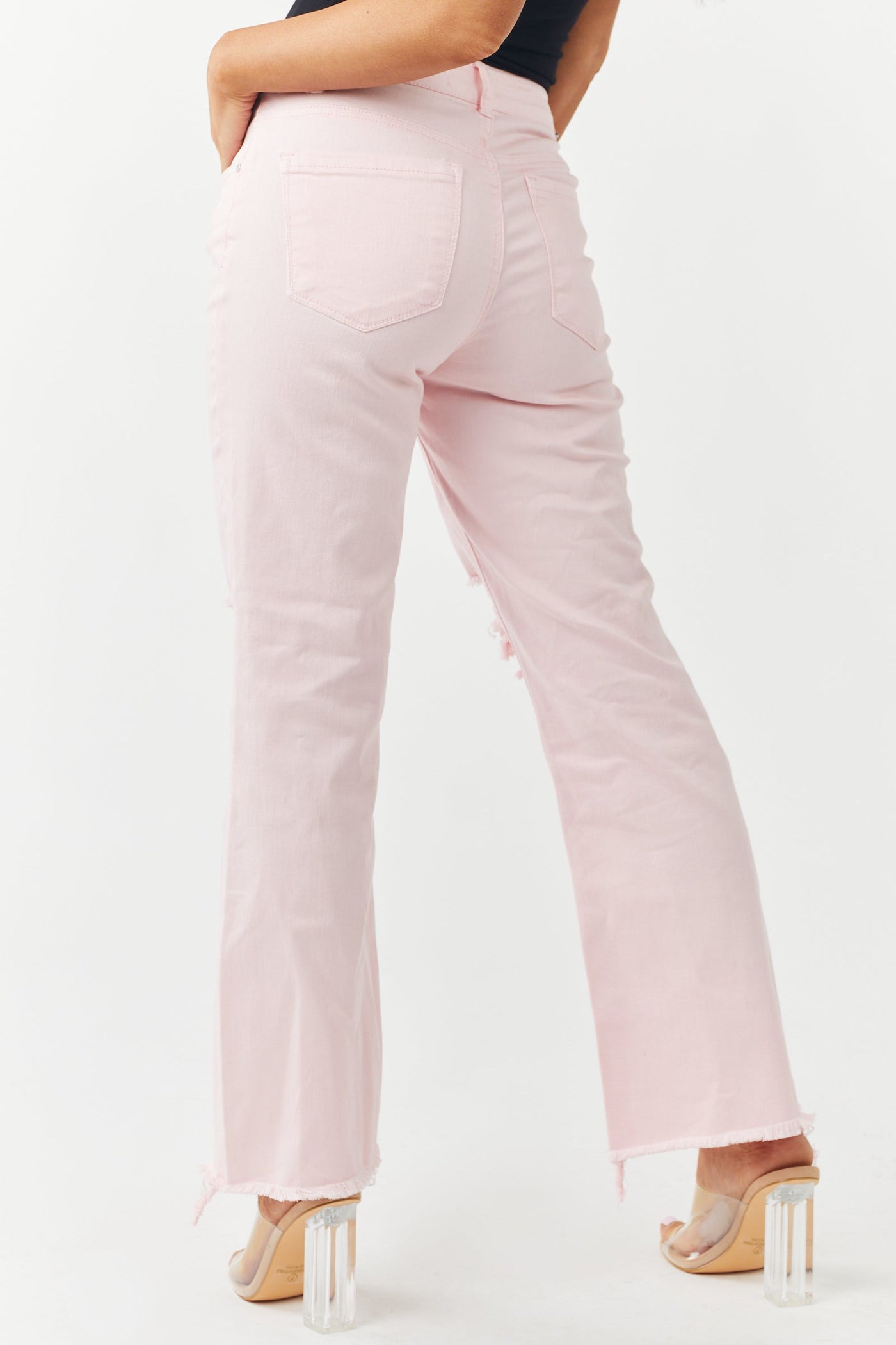 Light Pink Distressed High Rise Straight Jeans
