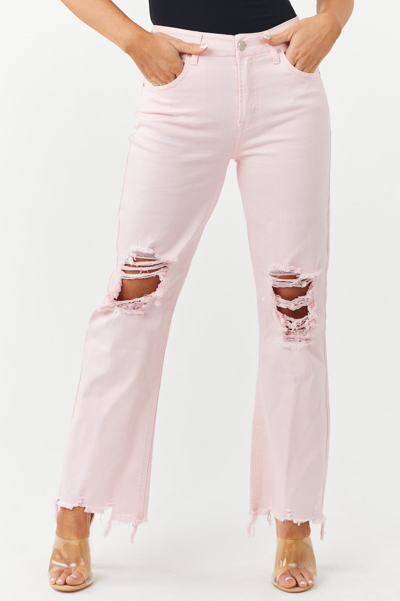 Light Pink Distressed High Rise Straight Jeans