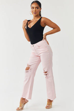 Light Pink Distressed High Rise Straight Jeans