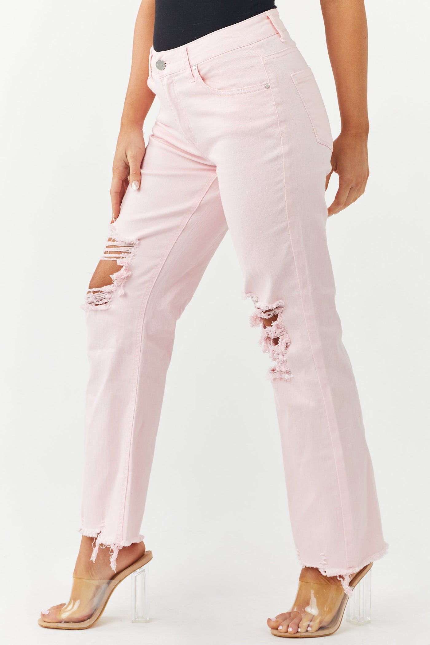Light Pink Distressed High Rise Straight Jeans