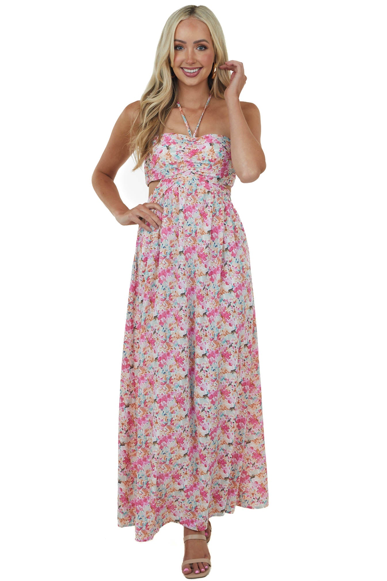Light Raspberry Floral Print Strapless Maxi Dress