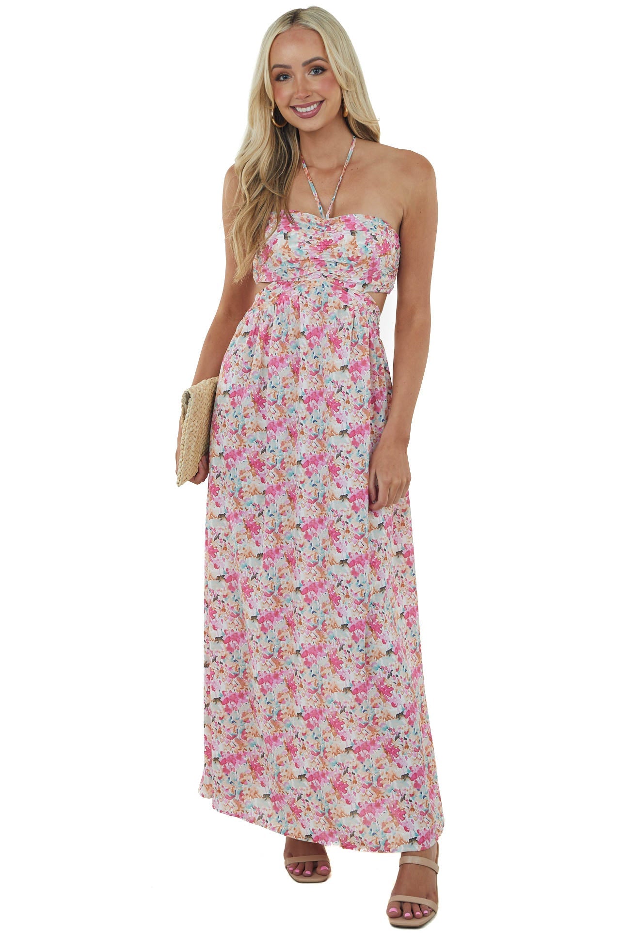 Light Raspberry Floral Print Strapless Maxi Dress