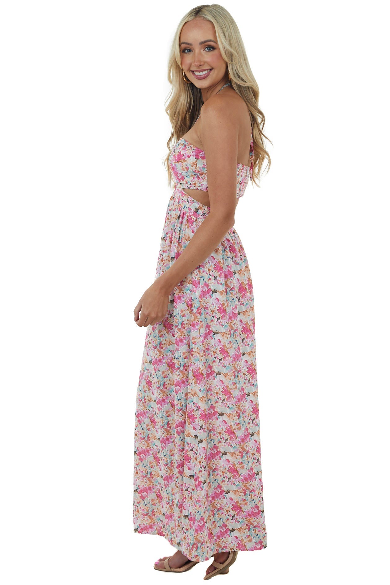 Light Raspberry Floral Print Strapless Maxi Dress