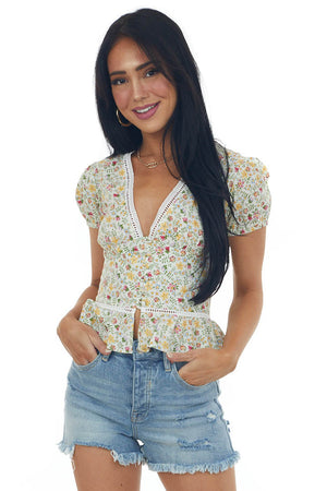 Light Sage Ditsy Floral Button Up Peplum Blouse