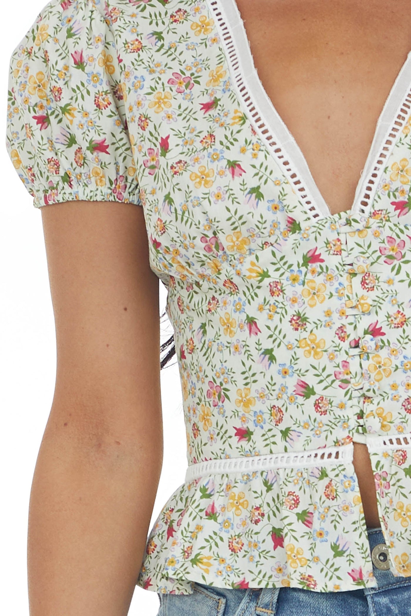 Light Sage Ditsy Floral Button Up Peplum Blouse