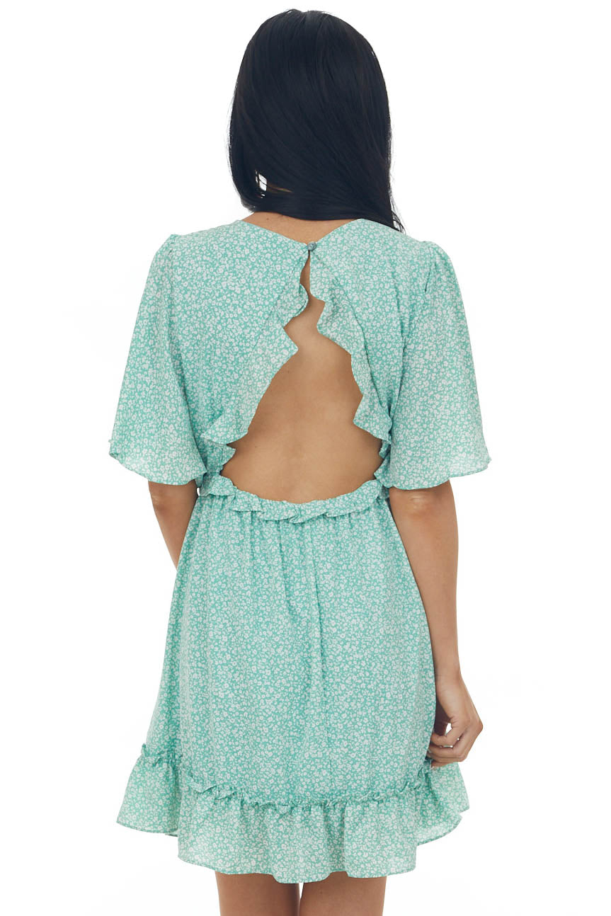 Light Sage Ditsy Floral Open Back Short Dress