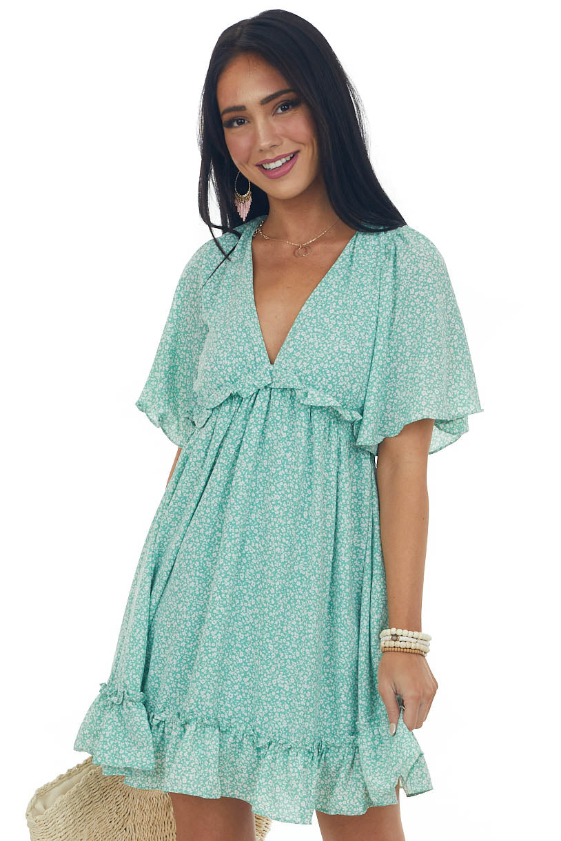 Light Sage Ditsy Floral Open Back Short Dress