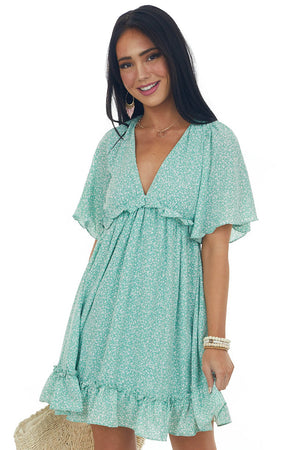 Light Sage Ditsy Floral Open Back Short Dress