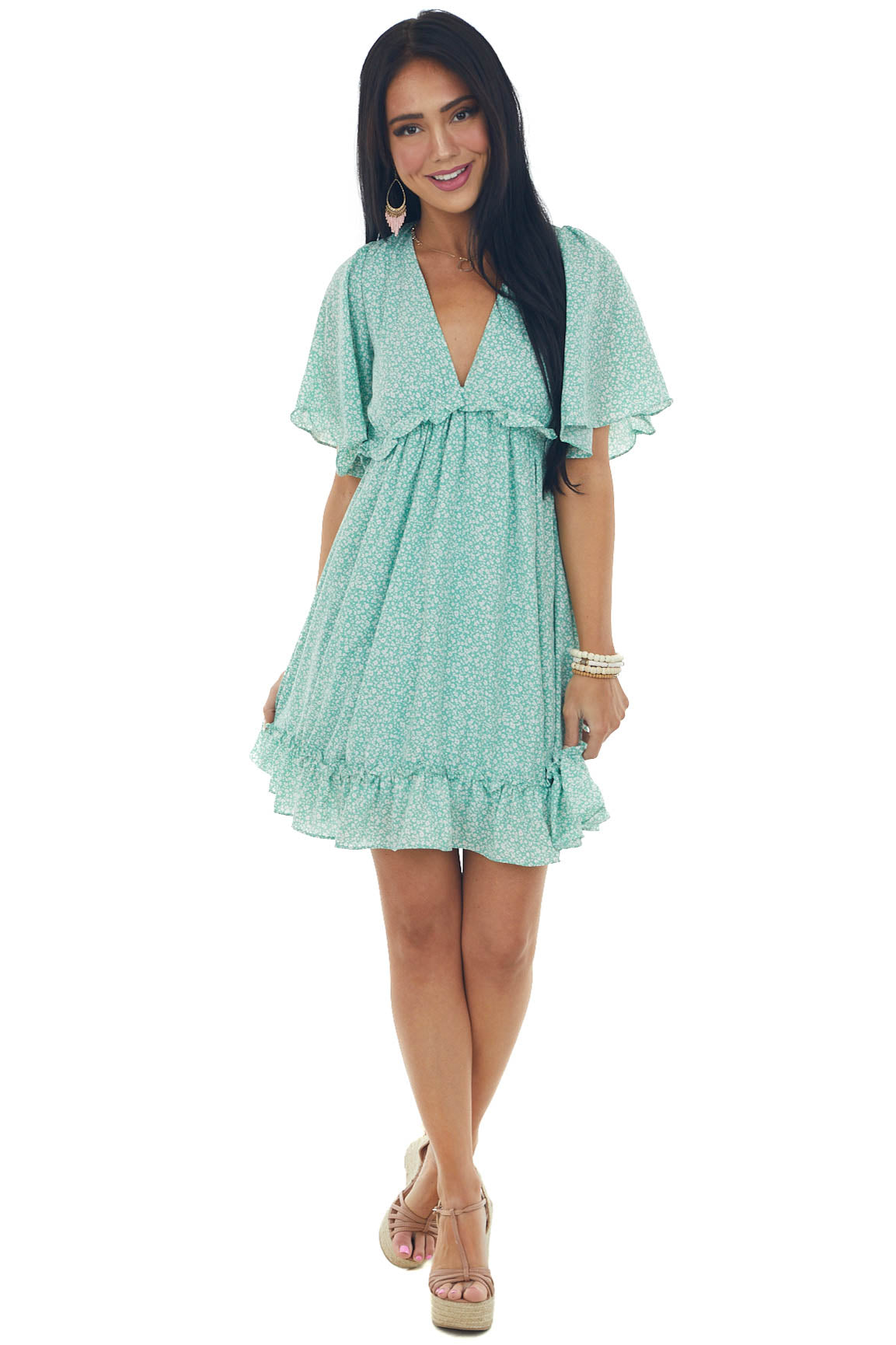 Light Sage Ditsy Floral Open Back Short Dress