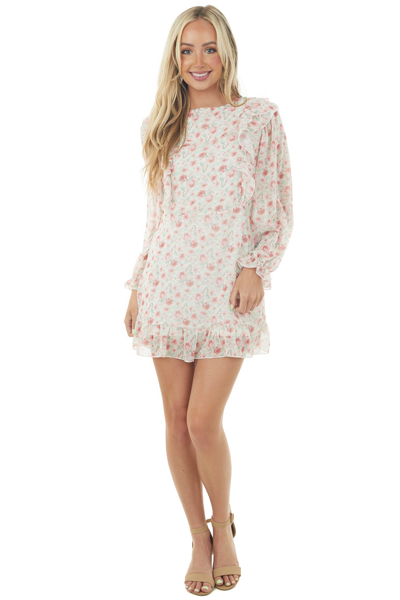 Light Sage Floral Bubble Sleeve Mini Dress