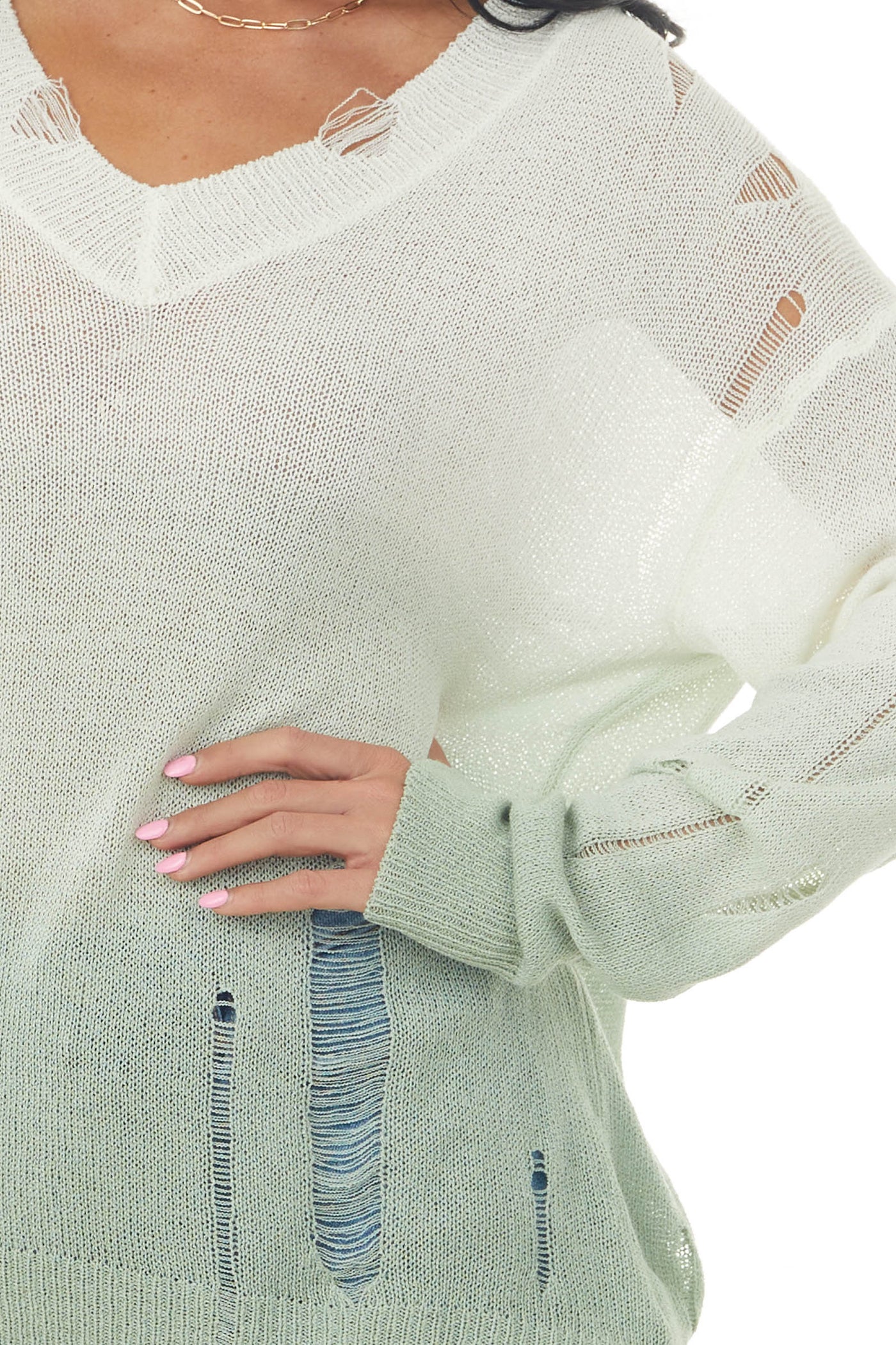 Light Sage and Ivory Ombre Distressed Top