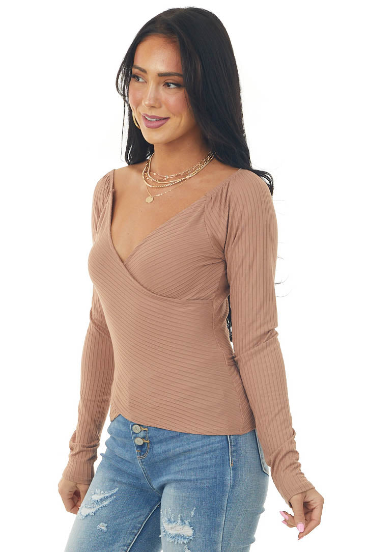 Light Sienna Ribbed Knit Faux Wrap Fitted Top
