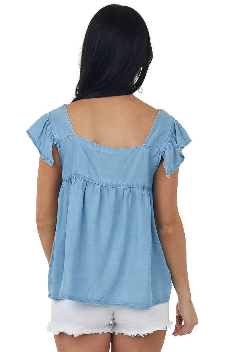 Light Wash Cap Ruffle Sleeve Babydoll Denim Top