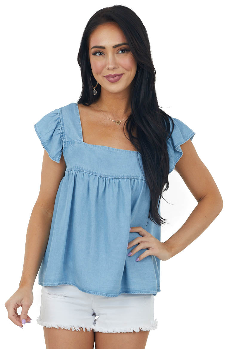 Light Wash Cap Ruffle Sleeve Babydoll Denim Top
