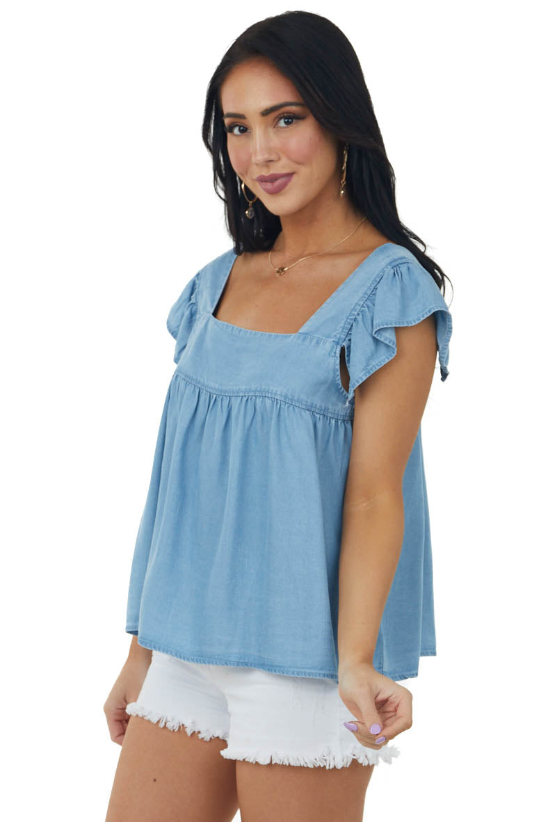 Light Wash Cap Ruffle Sleeve Babydoll Denim Top