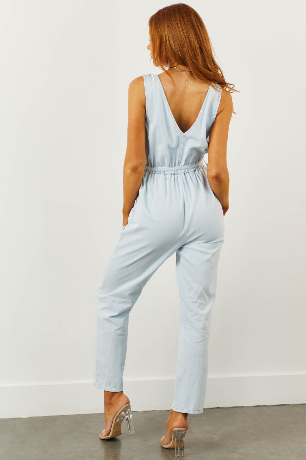 Light Wash Chambray Surplice Sleeveless Jumpsuit