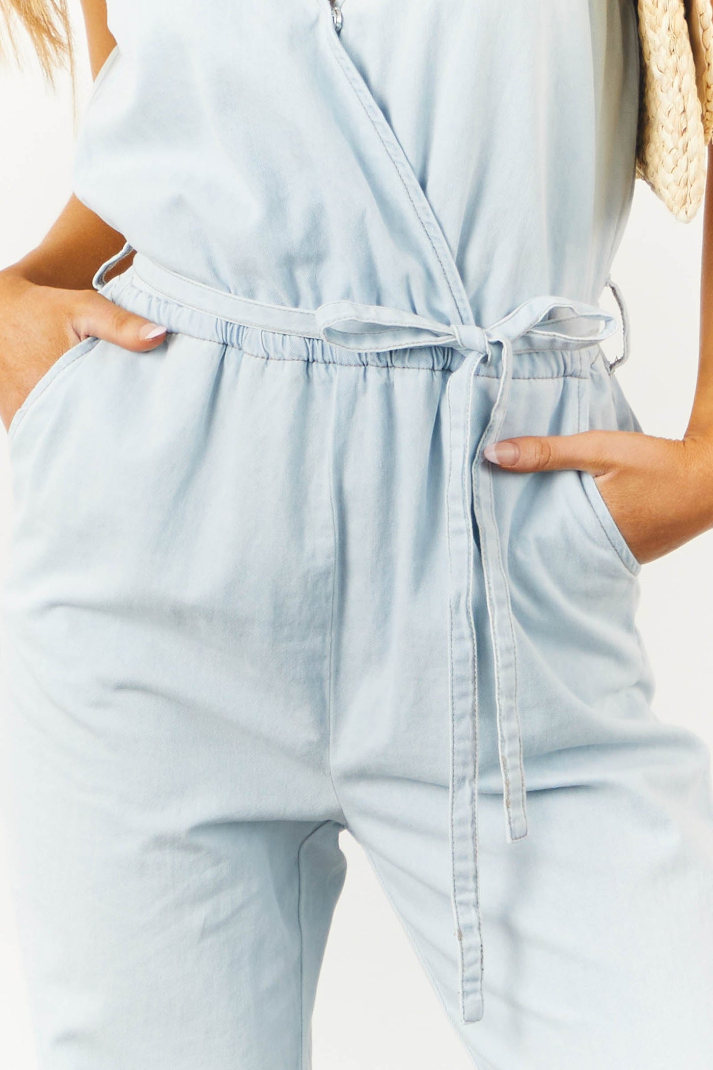 Light Wash Chambray Surplice Sleeveless Jumpsuit