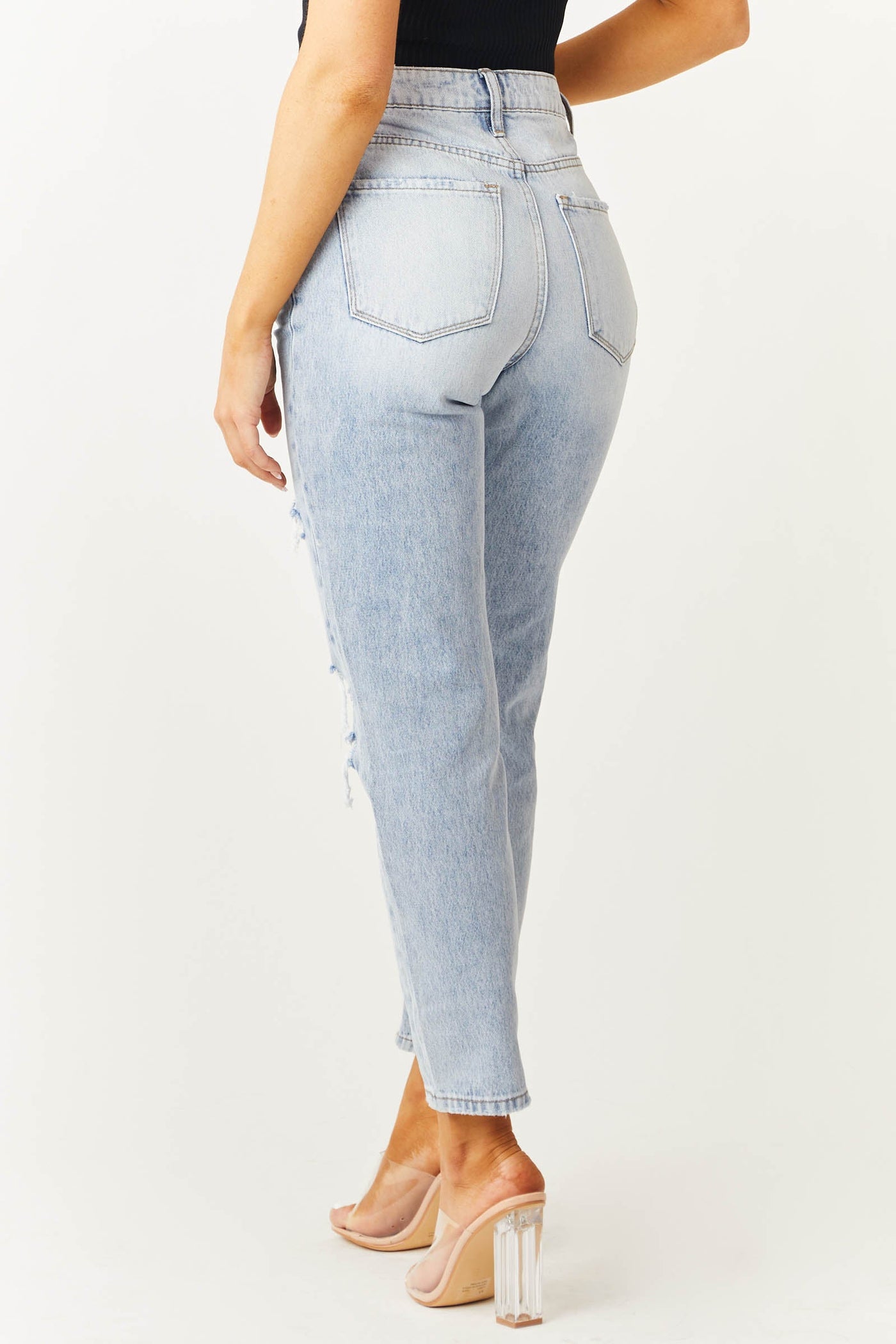 Light Wash Criss Cross Waist Distressed Mom Jeans