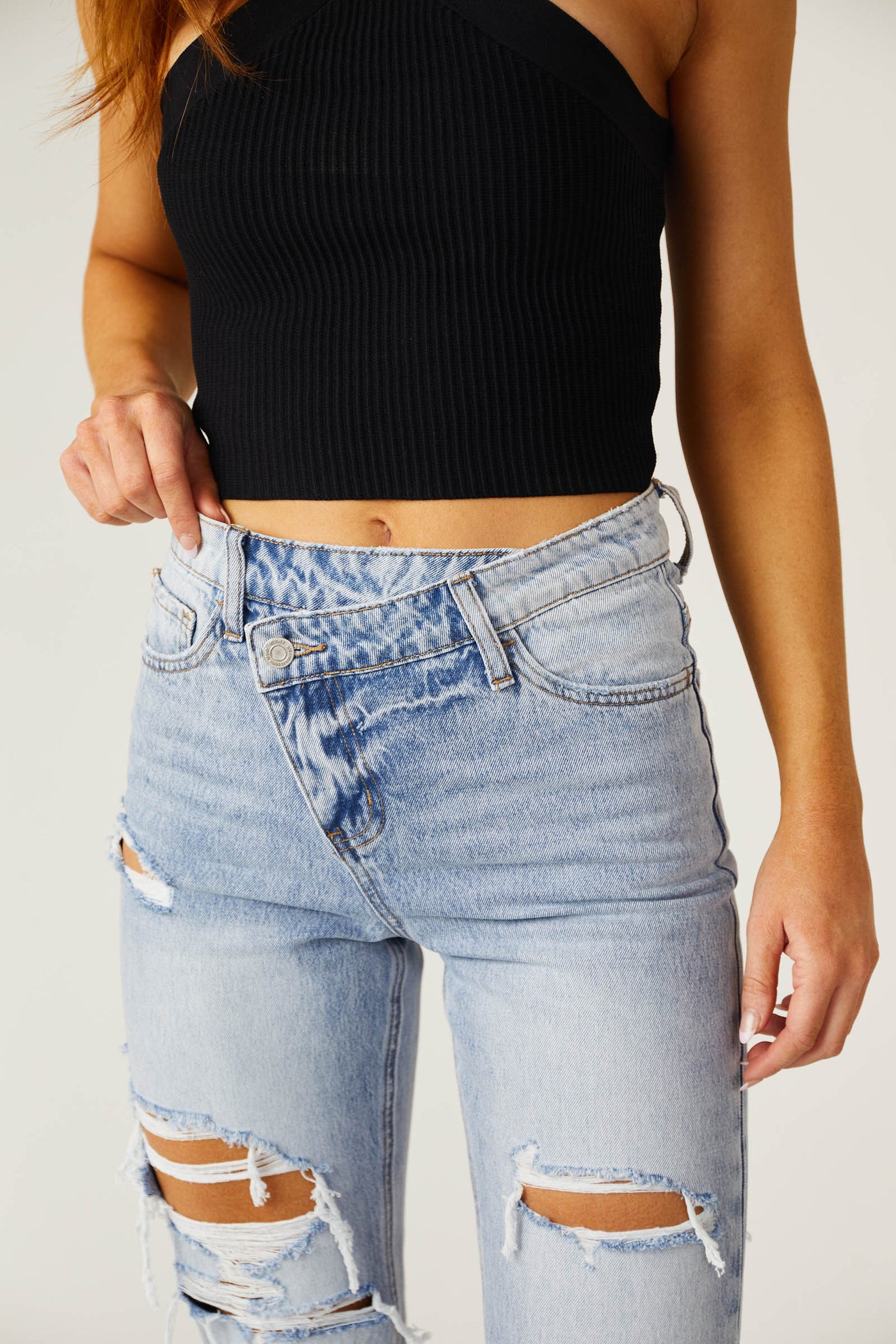 Light Wash Criss Cross Waist Distressed Mom Jeans