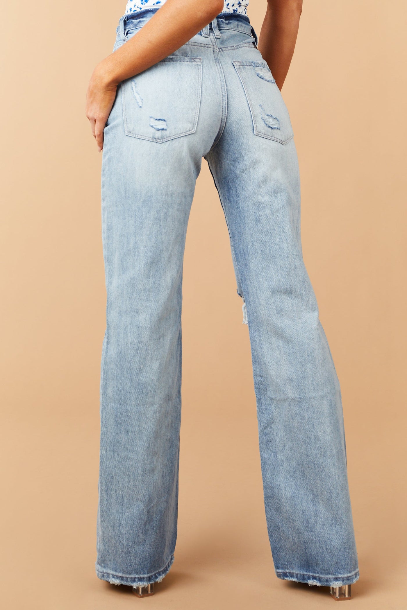 Light Wash Distressed Button Fly Wide Leg Jeans