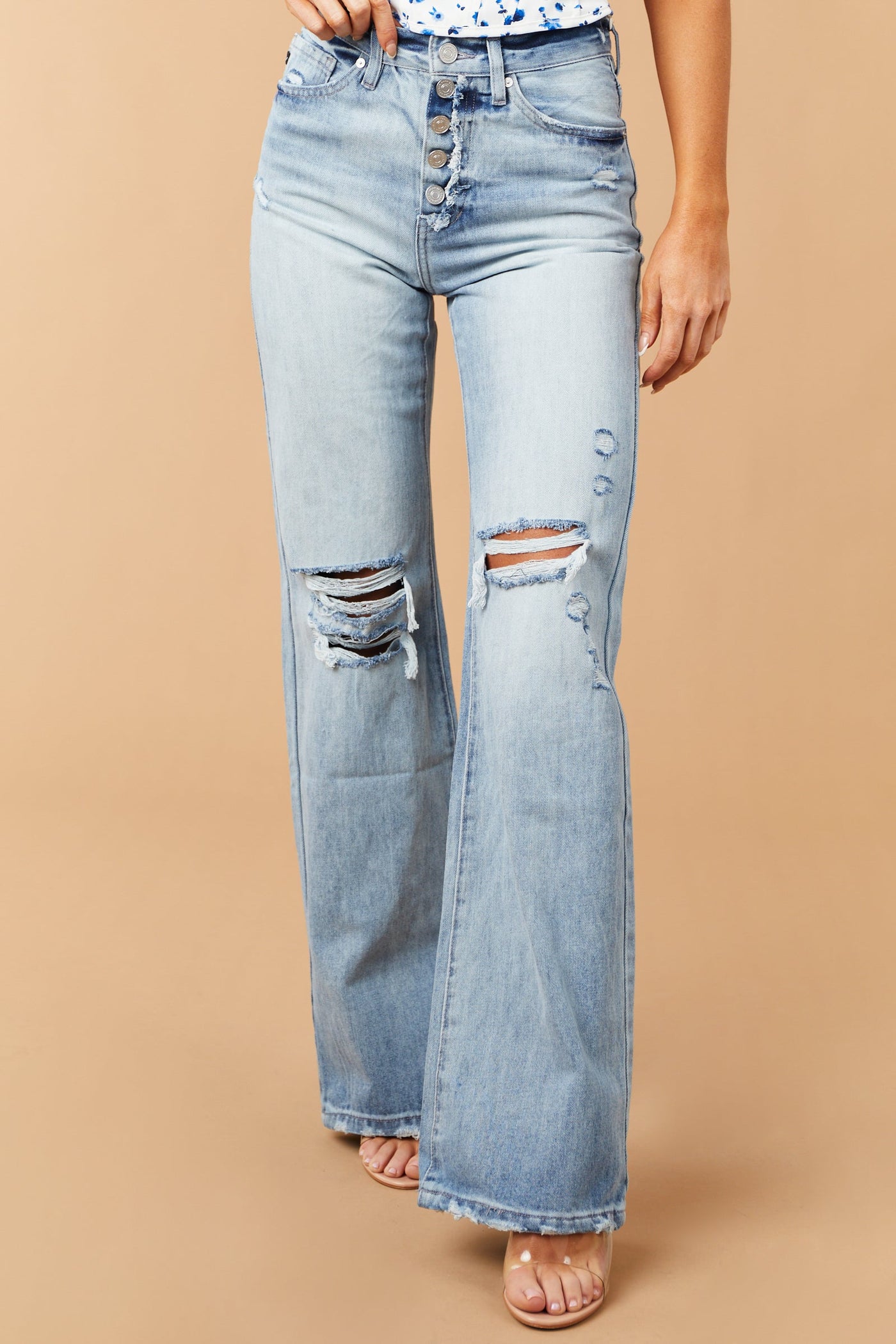 Light Wash Distressed Button Fly Wide Leg Jeans